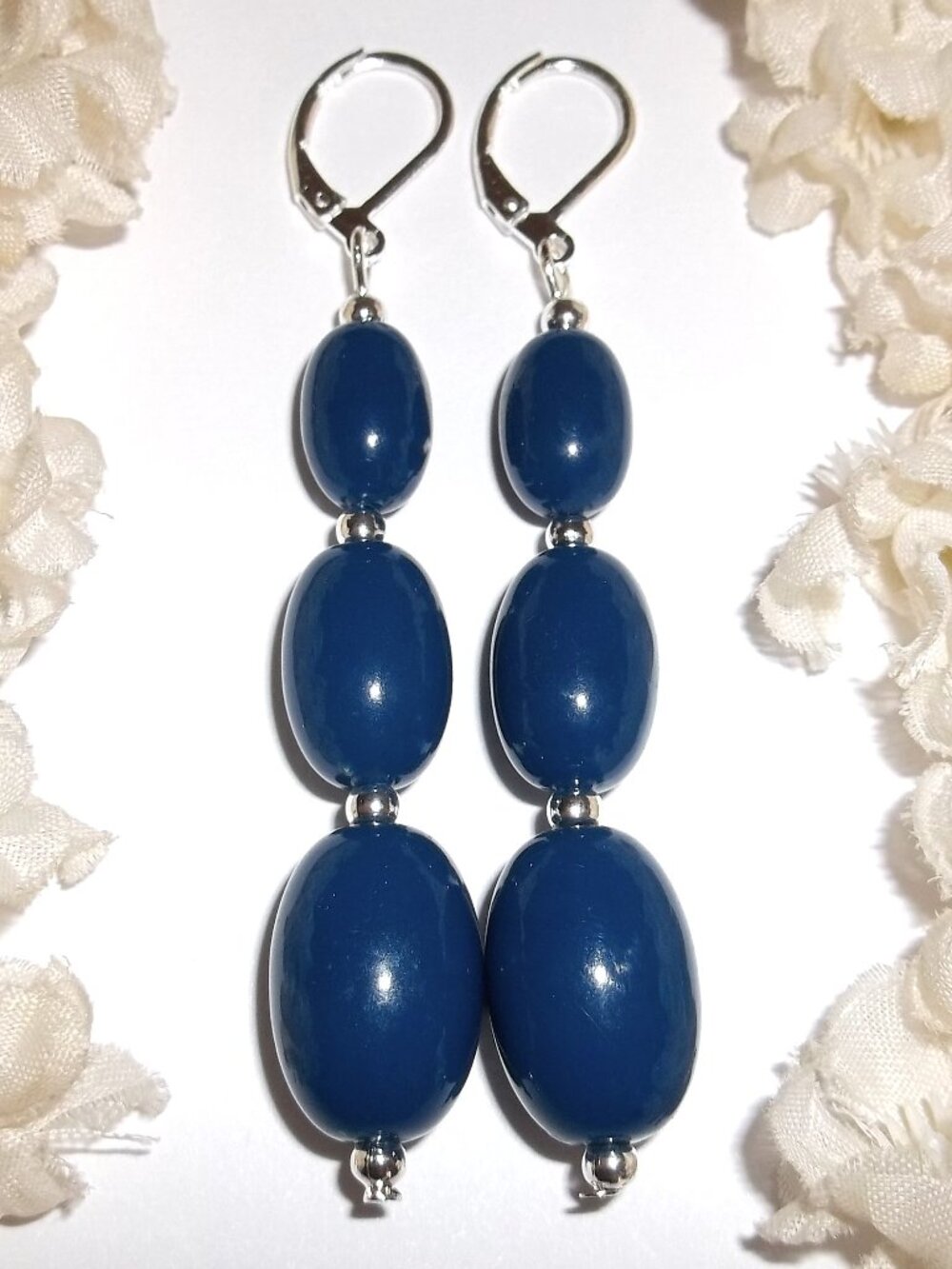 Cobalt Blue Statement Earrings Silver Lever Back Dangle Drop Beaded Woman D9112